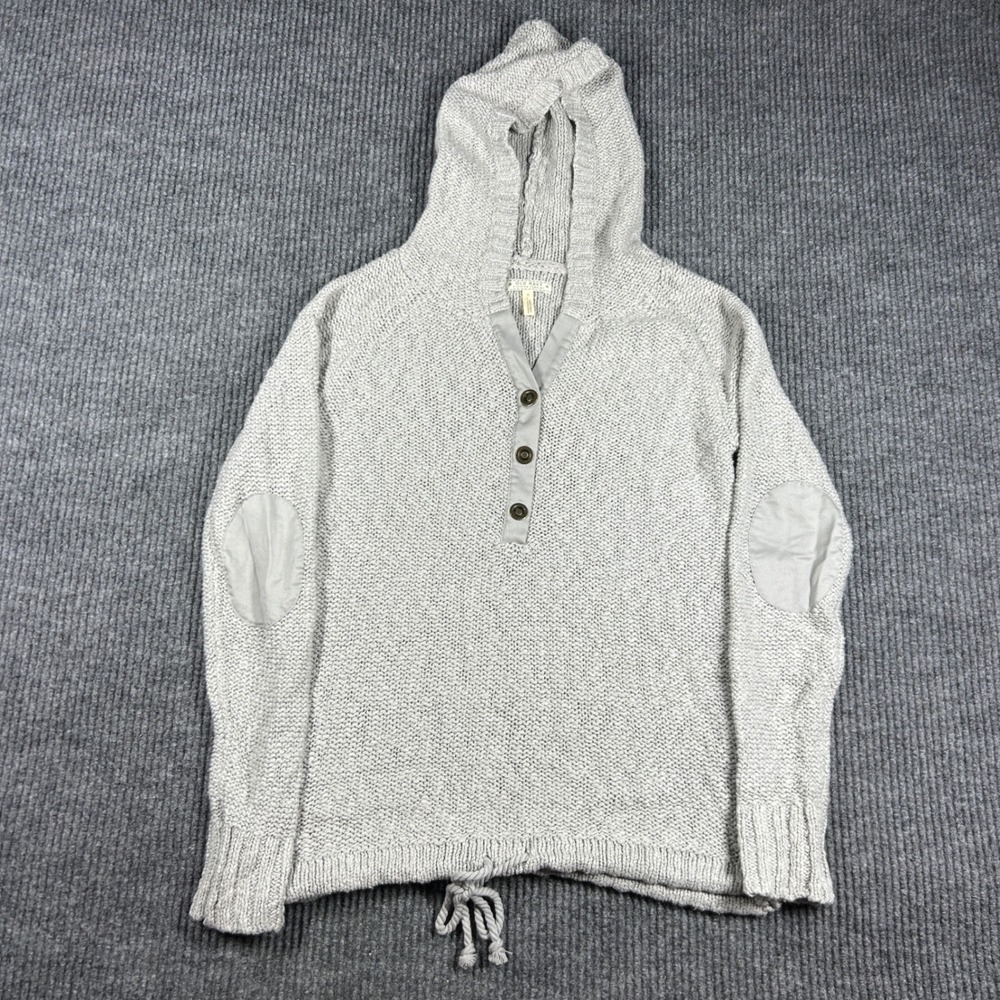 Old Navy Sweater Womens M Gray Knit Hoodie Henley Elbow Patches Drawstring